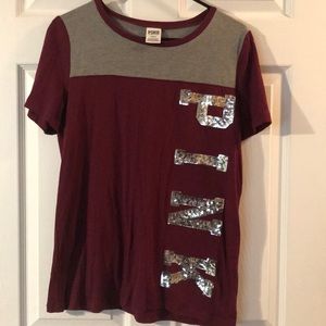 PINK tshirt; maroon/gray with silver bling letters